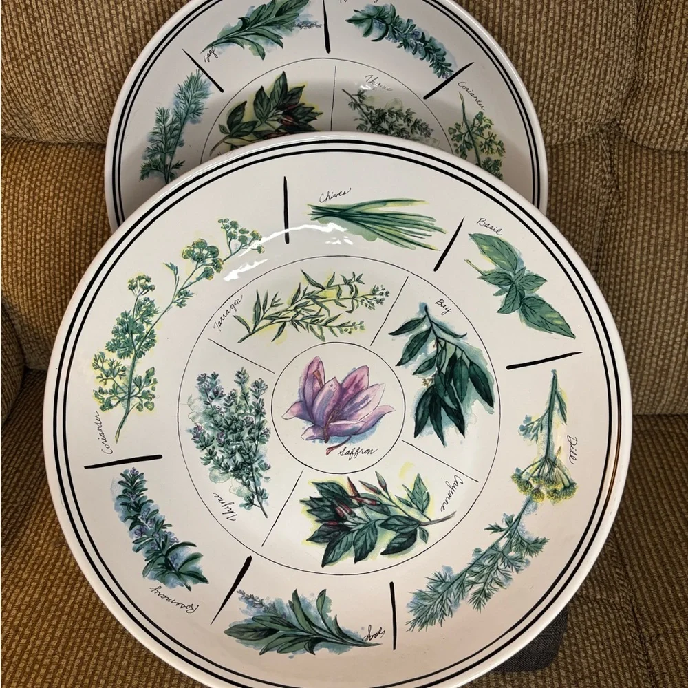 Williams Sonoma Hand Painted Herb Motif Pasta/ Salad Serving Bowls - Set of 2